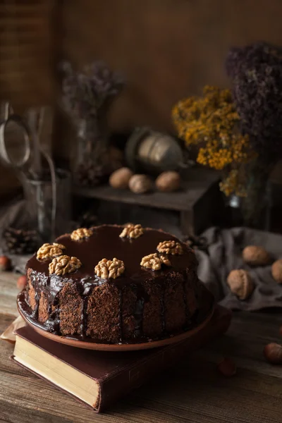 Chocolate cake dark food photo composition with book and walnuts