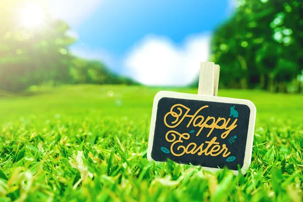 Happy easter on clip board on green grass field with blur park b