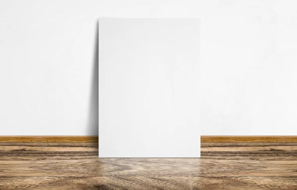 White poster leaning at rustic wooden floor and white wall, Temp