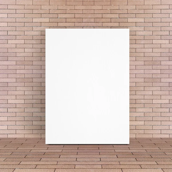 White poster leaning at red brick floor and wall, Template mock