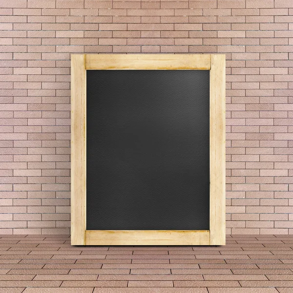 Empty Blackboard leaning at red brick floor and wall, Template m