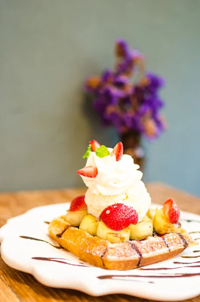 Waffle with ice cream topping