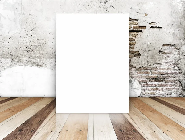 White Blank Poster in crack brick wall and tropical wooden floor