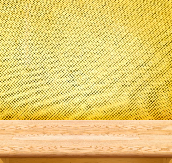 Empty Wooden Table top at golden mosaic tiles wall,Template mock