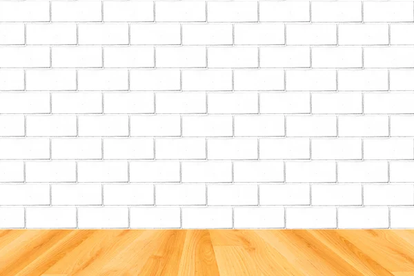Wood floor and white brick wall background