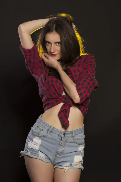 Seductive young woman in jeans shorts and a plaid shirt