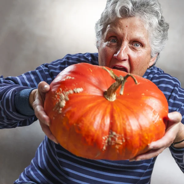 Scary old woman eating a big ripe pumpkin. Halloween theme.