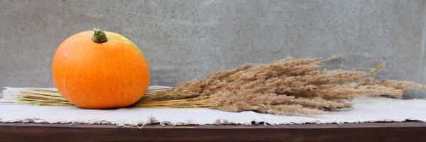 A pumpkin and a bunch of dried grass.