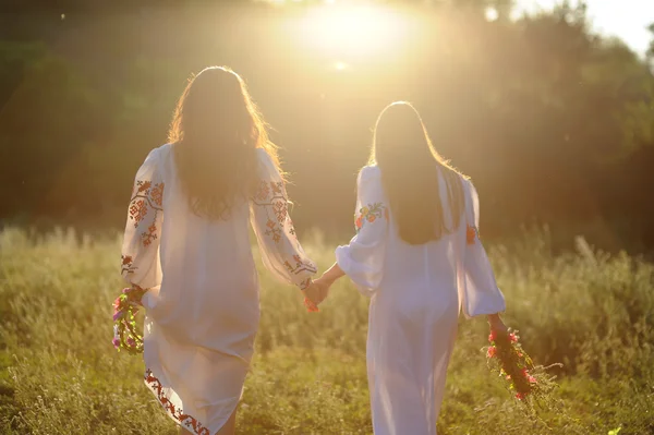 Two girls in the national Ukrainian clothes with wreaths of flow