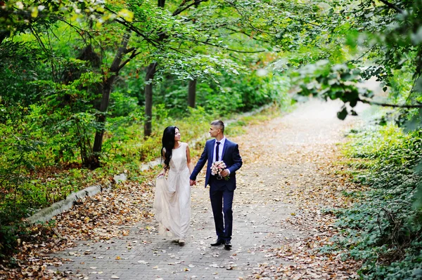 The bride and groom go hand against a background of green trees