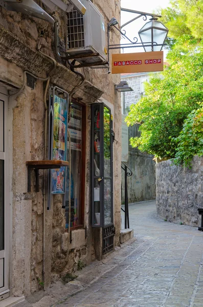 Tobacco shop on street of Old Town, Budva, Montenegro