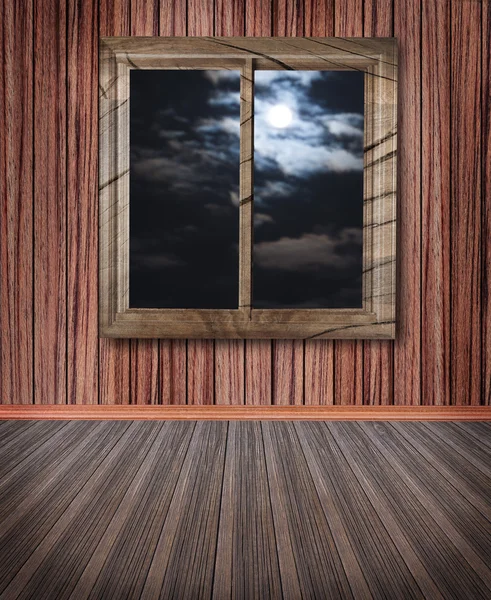 Room with a window wall floor, the night sky outside the window,