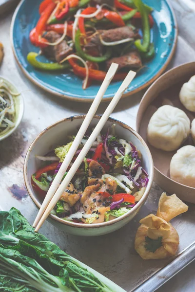 Pan-asian food on a table