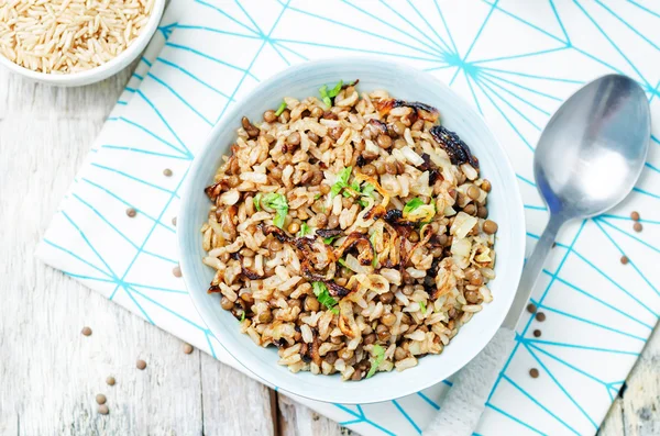 Lentils and rice with Crispy Onions and Parsley