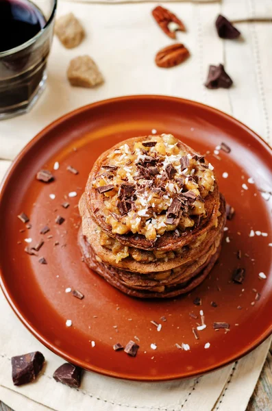 German chocolate pancakes with coconut and chocolate