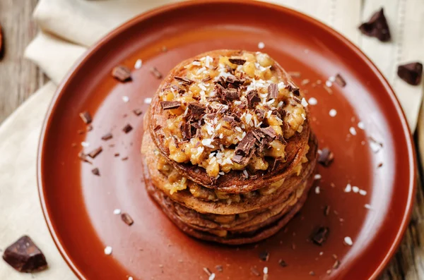 German chocolate pancakes with coconut and chocolate