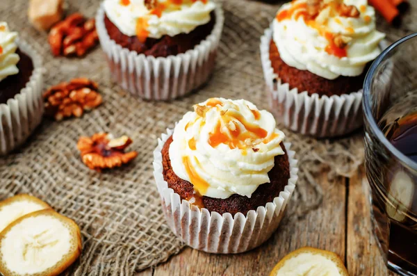 Pumpkin pie spices walnuts banana cupcakes with salted caramel a