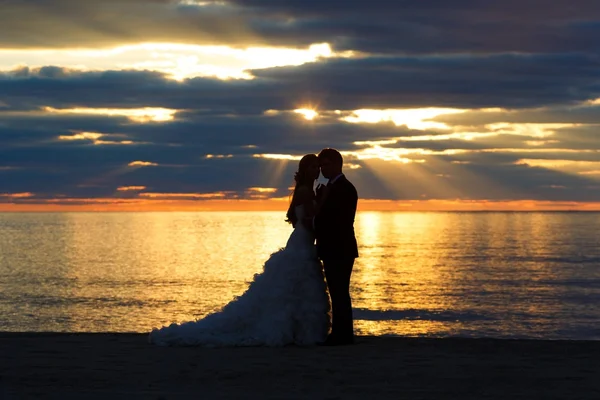 Newlyweds on seashore at sunset