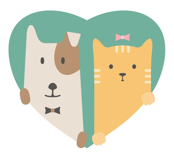 Animal set. Portrait of a dog and cat in love over heart backdrop