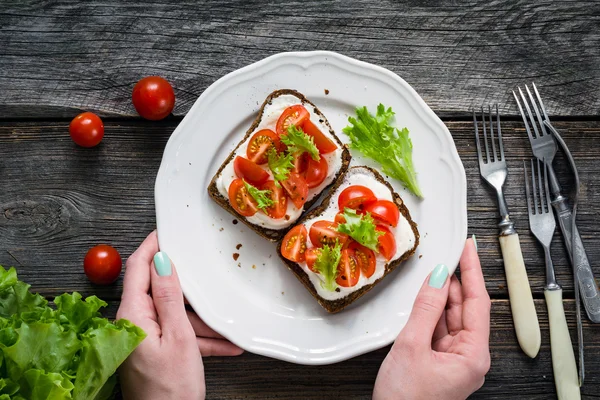 Healthy toast sandwiches with cheese and tomato on a plate