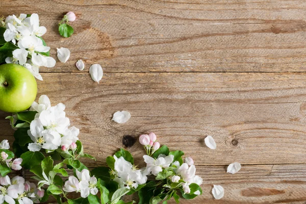 White apple blossoms on rustic wooden background