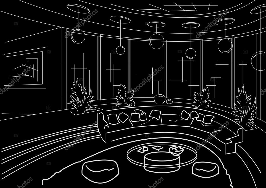 Schets interieur ronde woonkamer met podium zwarte achtergrond ... Interieur white woonkamer