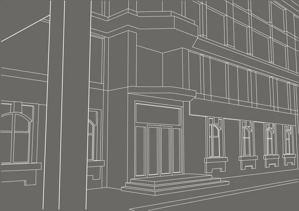 Linear architectural sketch building entrance on gray background