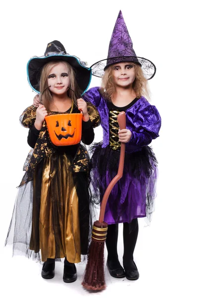 Witch children with trick or treat. Halloween. Fairy. Tale. Studio portrait isolated over white background