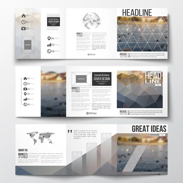 Set of tri-fold brochures, square design templates. Polygonal background, blurred image, urban landscape, cityscape, modern stylish triangular vector texture.