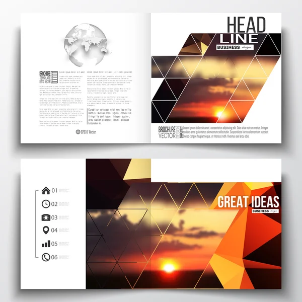 Set of annual report business templates for brochure, magazine, flyer or booklet. Colorful polygonal backdrop, blurred natural background, amazing summer sunset view, modern stylish triangle vector