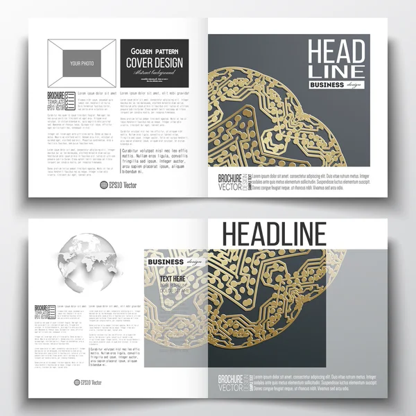 Set of annual report business templates for brochure, magazine, flyer or booklet. Golden microchip pattern on dark background, mandala with connecting dots and lines, connection structure. Digital
