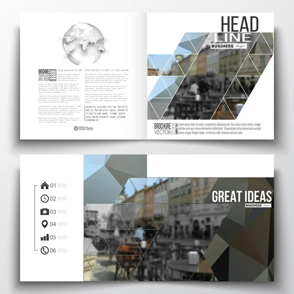 Set of annual report business templates for brochure, magazine, flyer or booklet. Polygonal background, blurred image, urban landscape, cityscape, modern triangular texture