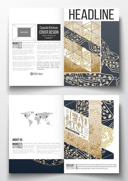Set of business templates for brochure, magazine, flyer, booklet or annual report. Golden microchip pattern, connecting dots and lines, connection structure. Digital scientific background