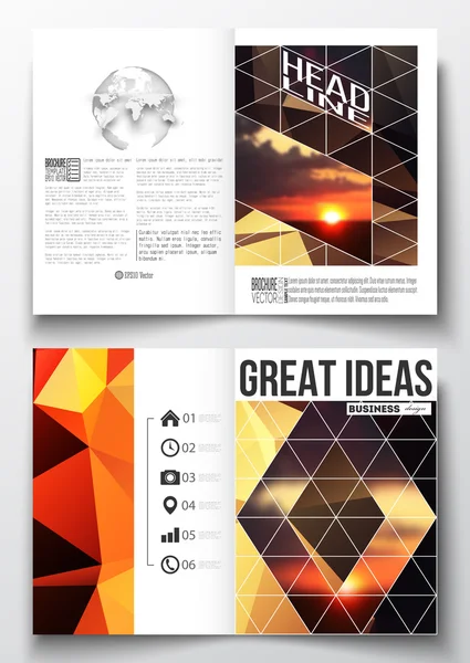 Set of business templates for brochure, magazine, flyer, booklet or annual report. Colorful polygonal backdrop, blurred natural background, amazing summer sunset view, modern stylish triangle vector