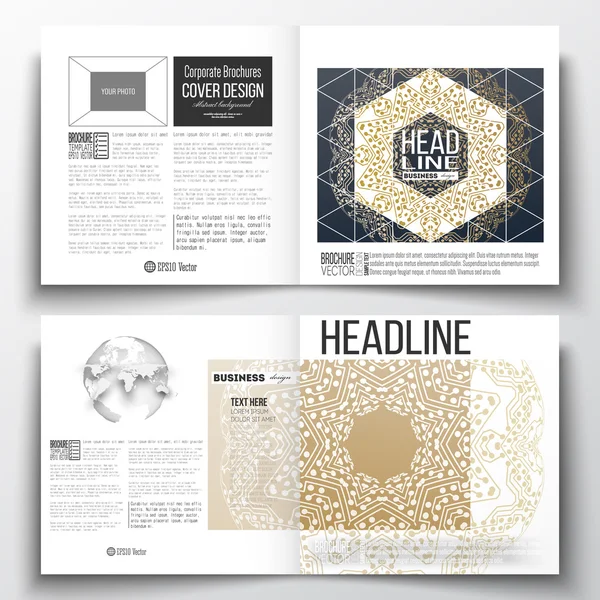 Set of annual report business templates for brochure, magazine, flyer or booklet. Golden microchip pattern, connecting dots and lines, connection structure. Digital scientific background