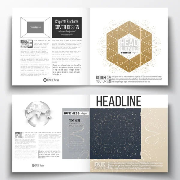 Set of annual report business templates for brochure, magazine, flyer or booklet. Abstract polygonal low poly backdrop with connecting dots and lines, golden background, connection structure. Digital