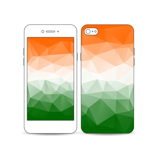 Mobile smartphone with an example of the screen and cover design isolated on white background. Happy Indian Independence Day celebration, national flag colors, vector illustration.