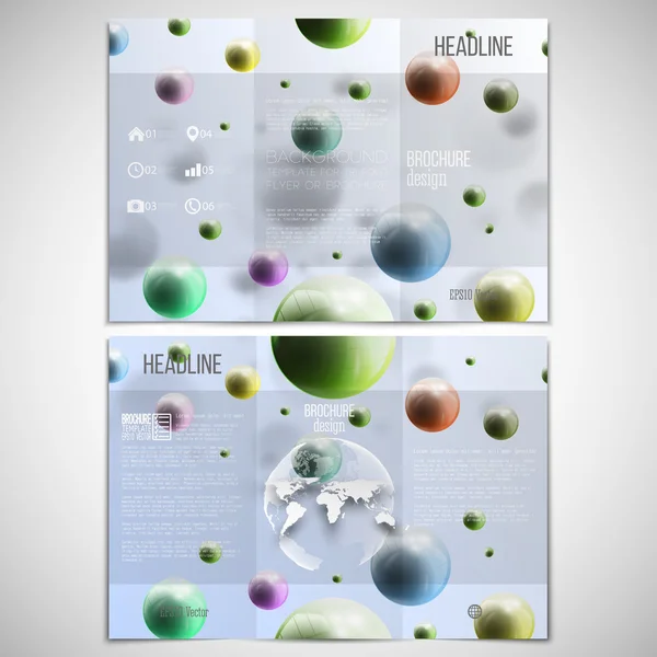 Vector set of tri-fold brochure design template on both sides with world globe element. Three dimensional glowing color spheres, blue background. Abstract colorful balls. Scientific or medical
