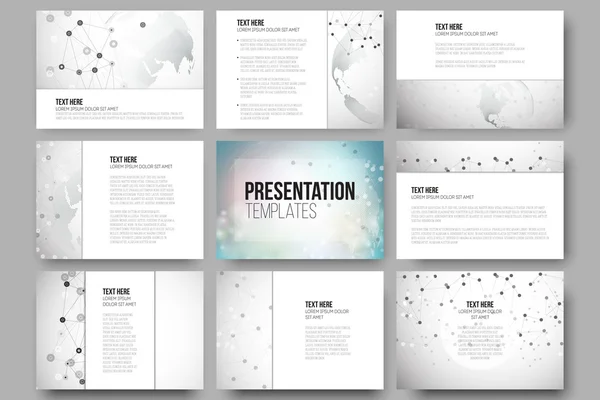 Set of 9 vector templates for presentation slides. Molecule structure, dotted world globe. Scientific graphic design