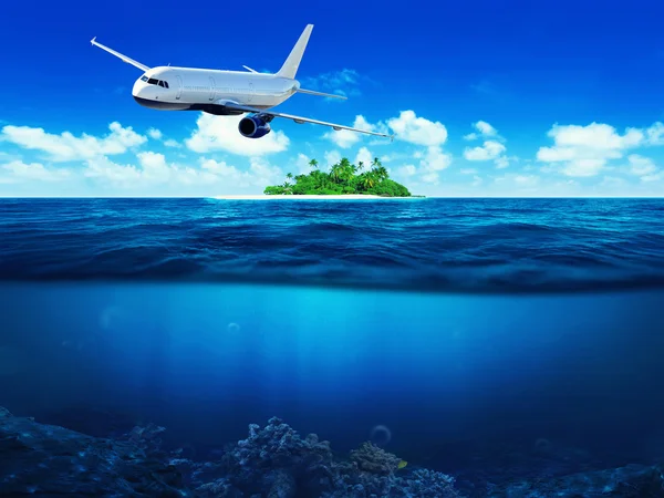 Airplane flying above tropical sea with island. Underwater view.