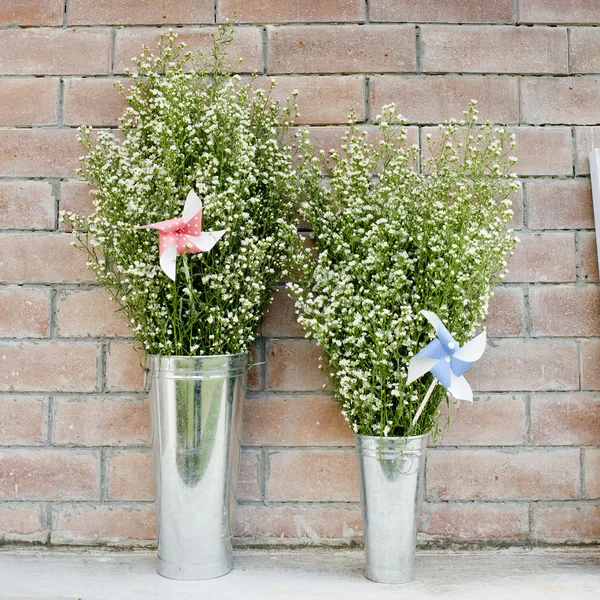 Flowers and pin wheel in the zinc flowerpots.