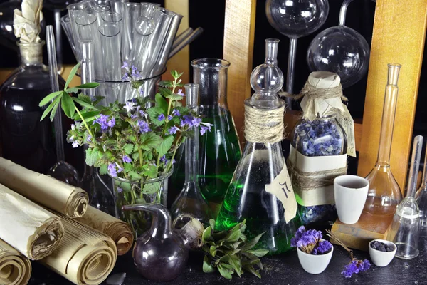 Magic bottles and lilac flowers