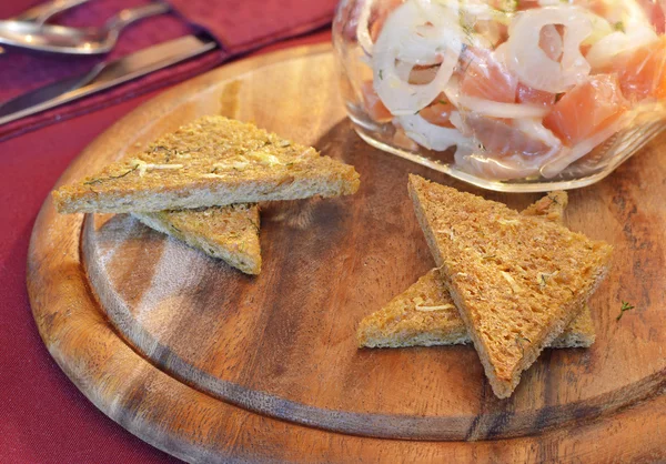 Pickled salmon in glass jar