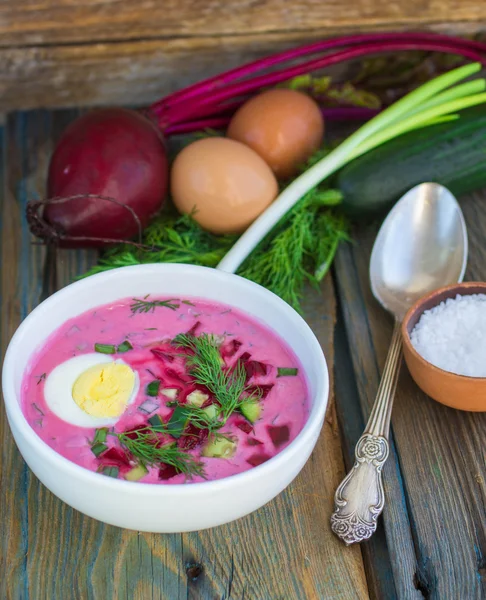 Beetroot soup. Holodnik. Cold soup made from beets, cucumbers, e