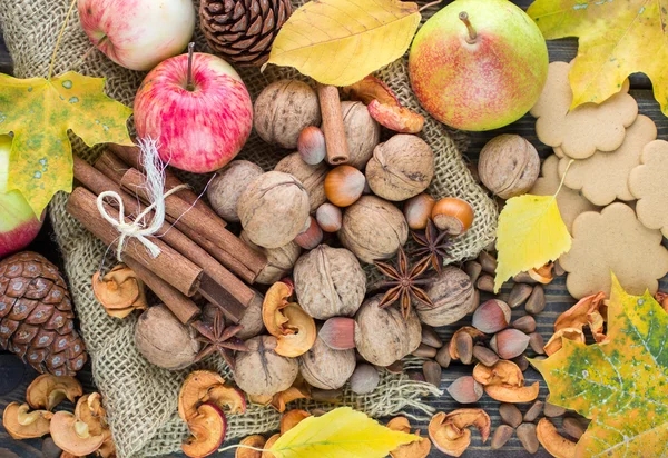 Autumn composition of fruits, nuts and spices