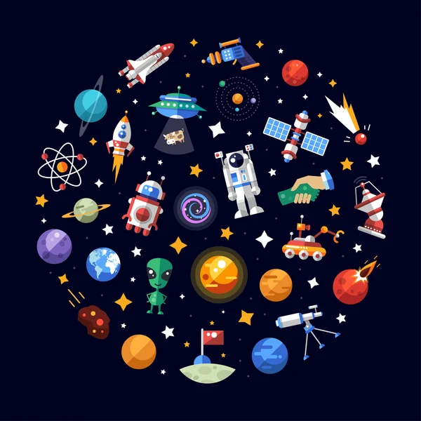 Circle flat design composition of space icons and infographics elements