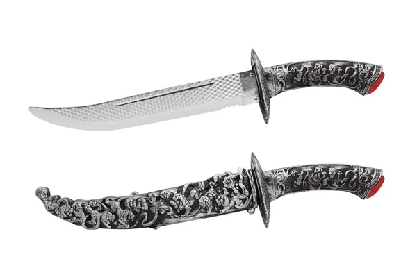 Isolated opened and closed knife with scabbard.