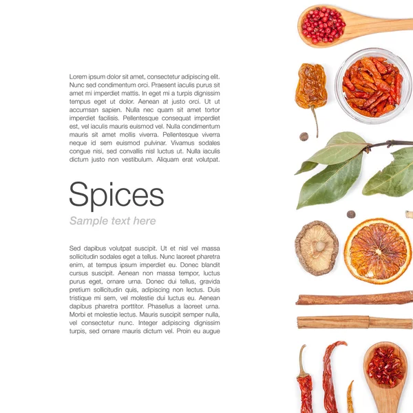 Different spices and herbs on white background. top view