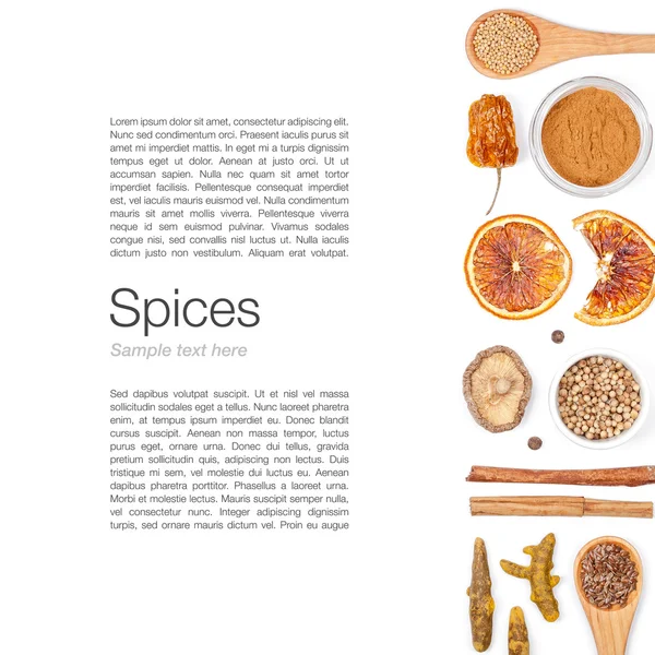 Different spices and herbs on white background. top view