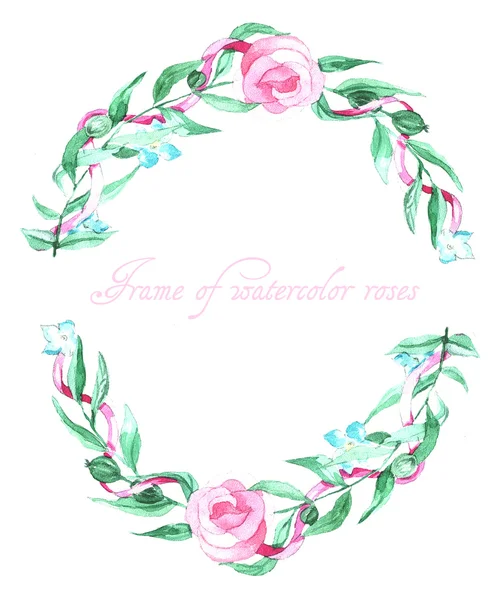 Frame of watercolor roses and ribbons. Can be used as a greeting card for background of  wedding day ,Valentine's day, birthday, mother's day and so on.